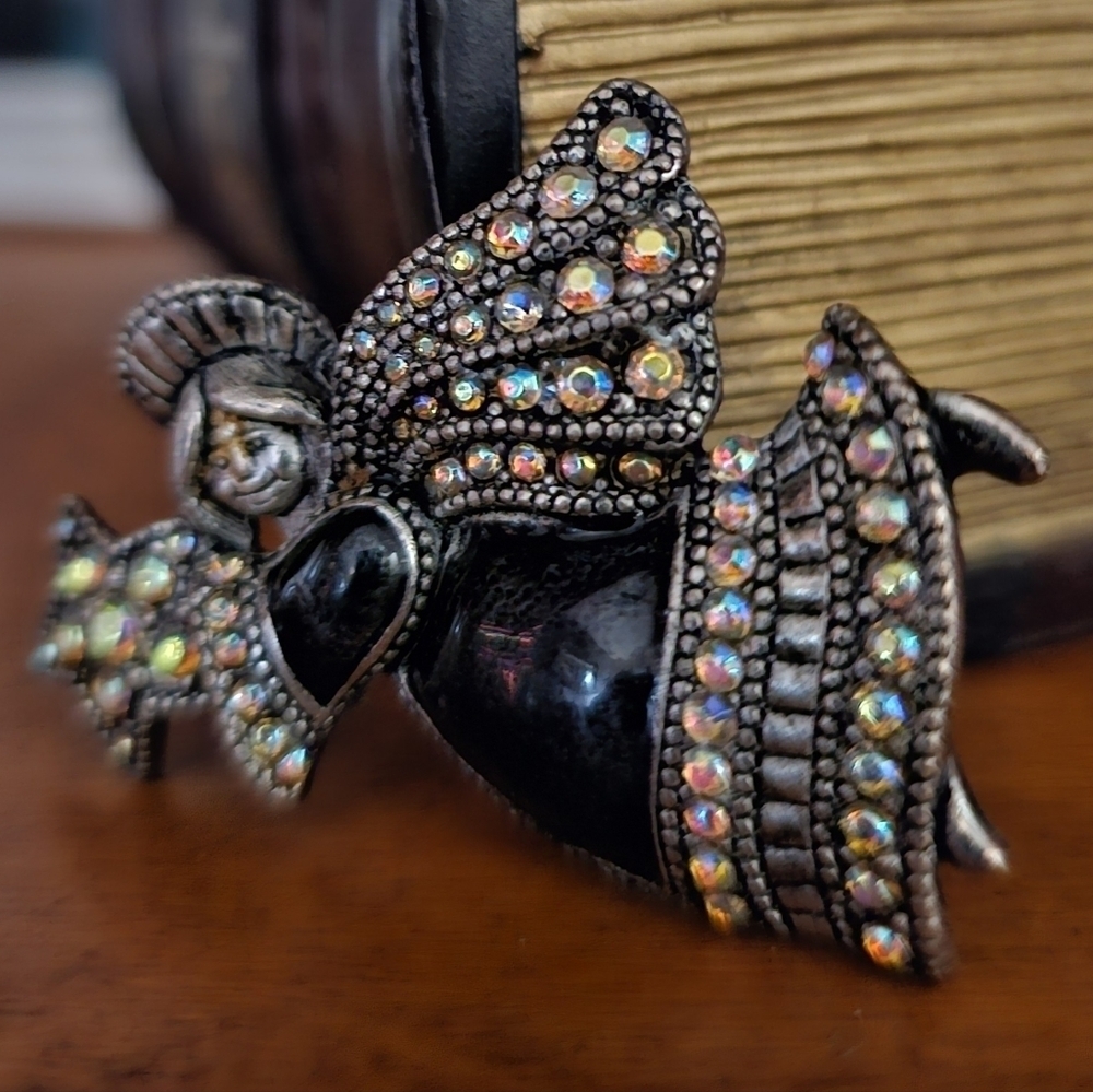 Vintage JC Angel Pewter Enamel Crystal Brooch